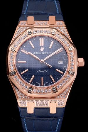 Luxury Swiss AP Royal Oak Full-set Diamonds Rose Gold Case Blue Tapisserie Dial&Strap Automatic Date Watch