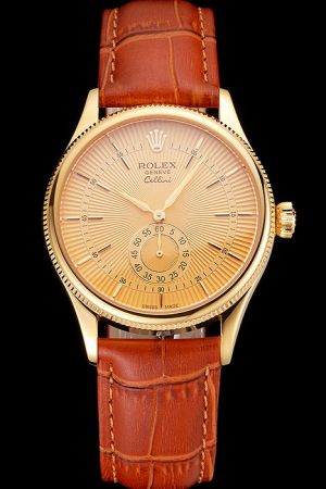 Rolex Cellini Yellow Gold Fluted Bezel Gold Guilloche Dial/Stick Scale/Alpha Hand Second Display Sub-dial Brown Wristband Watch