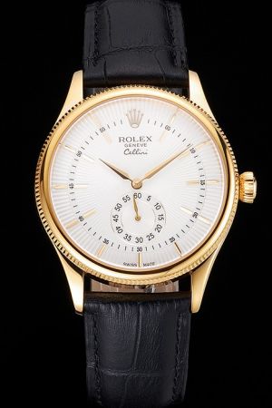 Rolex Cellini Yellow gold Case Fluted Bezel White Guilloche Dial Gold Alpha Hand One Second Sub-dial Black Strap Quartz Watch