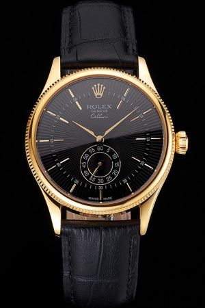Medium Size Rolex Cellini Yellow Gold Fluted Bezel Black Guilloche Dial Second Display Sub-dial Swiss Quartz Watch