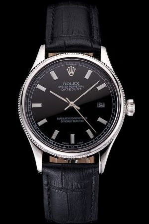 Rolex Datejust Silver Fluted Bezel Black Dial Luminous Scale Silver Index Black Strap Men Business Swiss Watch Ref. 1601