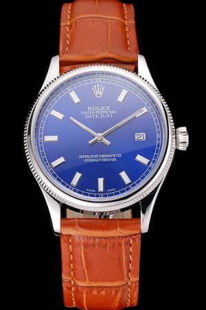 Swiss Rolex Datejust Silver Fluted Bezel Royal Blue Face Stick/Track/Roman Scale Luminous Stick Hands Brown Strap Quartz Watch