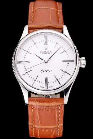 Rolex Cellini Silver Fluted Bezel White Dial Big Roman Numeral Marker Alpha Hand Brown Strap Men’s Dress Replica Watch