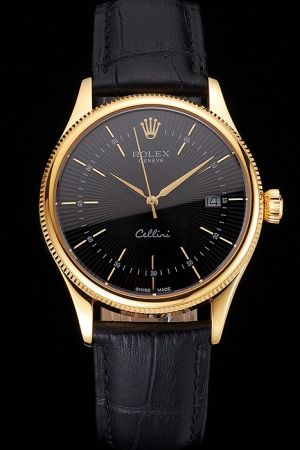 Swiss Made Rolex Cellini Yellow Gold Case/Pointer Fluted Bezel Black Guilloche Face Slender Hour Scale Black Wristband Date Watch 