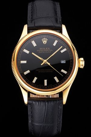 Swiss Rolex Datejust 18k Yellow Gold Case/Hand Black Face Luminous Marker Black Leather Strap Men Quartz Watch 6917/8
