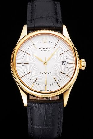 Fake Rolex Cellini Yellow Gold Plated SS Case Fluted Bezel White Guilloche Dial Stick Scale Alpha Index Date Black Band Quartz Watch