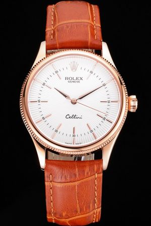 Swiss Made Rolex Cellini 18k Rose Gold Case/Scale/Hand Fluted Bezel White Guilloche Dial Brown Wristband Replica Watch Ref.50505WSL