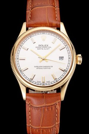 High  Rolex Datejust Yellow Gold Case/Pointer Thin Fluted Bezel Stick/Track Marker Brown Strap Classy Watch Ref.16238