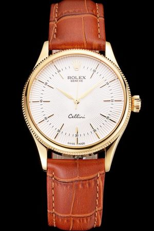 Men Rolex Cellini Yellow Gold Fluted Bezel/Stick Scale/Alpha Pointer White Guilloche Dial Brown Leather Strap Swiss Watch