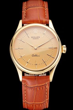 Men's Rolex Cellini Yellow Gold SS Case Fluted Bezel Gold Guilloche Dial/Alpha Index/Hour Scale Brown Wristband 39mm Watch Ref.4243