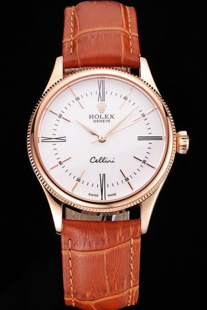 Luxury Rolex Cellini 18k Rose Gold Fluted Bezel/Alpha Hand White Dial Roman/Stick Scale Brown Strap Swiss Automatic Watch