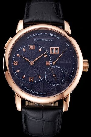 A. Lange & Sohne Lange 1 Blue Dial Rose Gold Case Black Leather Strap Men's Watch Replica ALS005