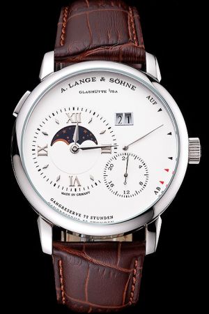 A. Lange & Sohne Moon Phase Grand Lange 1 White Dial Silver Case Brown Leather Strap Watch ALS012