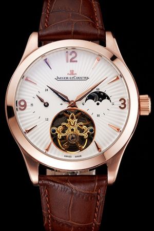 Jaeger-LeCoultre Master Tourbillon Moonphase Rose Gold Case/Scale/Pointer White Radial Face Brown Strap  Watch
