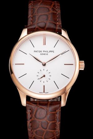 Faux Patek Philippe Calatrava Rose Gold Case Stick Marker Brown Strap Quartz Watch