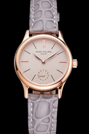  Patek Philippe Calatrava 28mm Rose Gold Case Stick Marker Grey Band Watch