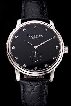 Patek Philippe Geneve Calatrava Stainless Steel Case Black Dial Diamonds Marker Watch