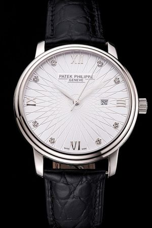 Patek Philippe Geneve Calatrava White Embossed Dial Diamonds Roman Marker Rep Watch