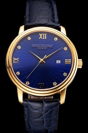  PP Calatrava Yellow Gold Case&Marker Blue Embossed Dial&Strap Watch