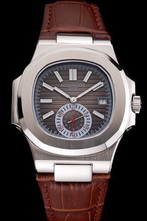 Patek Philippe Nautilus Gray Horizontal Stripe Dial Cushion-shaped Bezel Brown Strap Watch