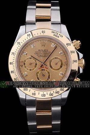 Copy Rolex Daytona Gold Tachymeter Bezel Gold Dial Diamonds Scale Three Sub-dials 2-tone Stainless Steel Bracelet Watch