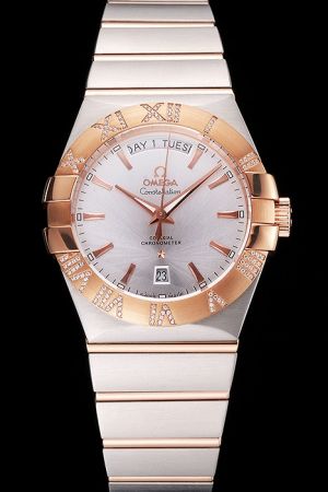 Replica Omega Constellation Chronometer Day-date Rose Gold Griffes Bezel Silver Radial Dial Rose Gold Marker/Pointer S/Steel Watch 123.25.38.22.02.001