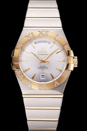 Swiss Omega Constellation Chronometer 18k YG/SS Day-date Silver Radial Dial Yellow Gold Scale/Hand Steel Bracelet Watch 123.20.38.22.02.002