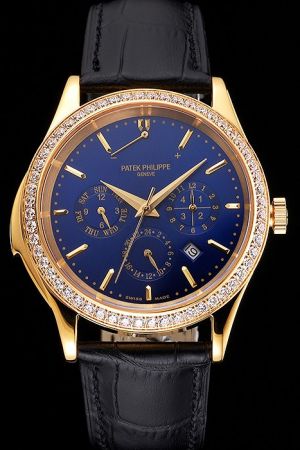 PP Grand Complications 18K Yellow Gold Diamonds Bezel Blue Dial Stick Scale Watch