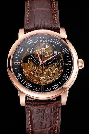 PP Complications Rose Gold Case Black Openworked Dial Arabic Stick Scale Fake Watch