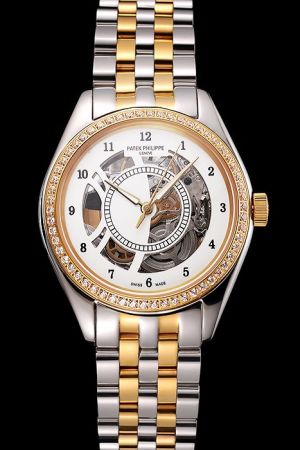 Replica PP Calatrava Yellow Gold Diamonds Bezel Openworked Dial Arabic Scale Watch