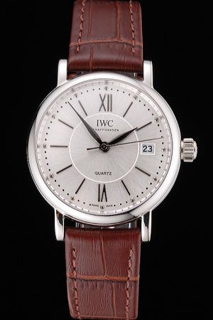 Faux IWC Portofino Silver Case Black Hands&Marker Brown Strap Quartz Watch IW458101