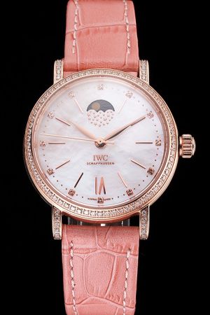 Ladies’ IWC Portofino Diamonds Rose Gold Case Moon Phase Dial Pink Strap