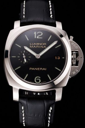 Panerai Luminor Marina PAM00351 Leather Strap SS Case Mens Black Swiss Date Watch PN109