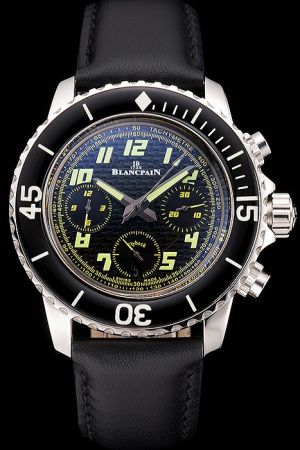 Swiss Blancpain Fifty Fathoms Chronograph Carbon Fiber Dial Black Leather Strap Mens Watch SP019