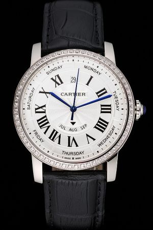 Cartier Swiss Rotonde Annual Calander Business Clone Watch SKD364 Black Leather Bracelt Diamonds Bezel