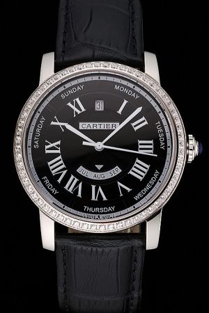 Cartier Rotonde Diamonds Jewelry Black Leather Strap Watch  SKDT303 Swiss Movement