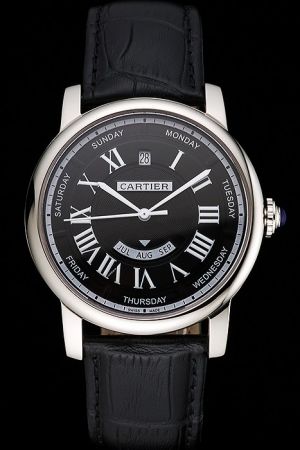 Swiss Cartier  W1580002 Replica Black Leather Strap Casual Watch SKDT108 Day Date Rotonde