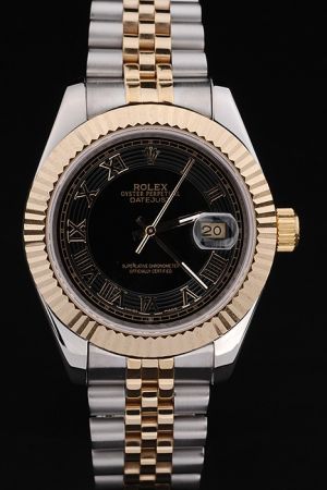 Rolex Datejust Gold Fluted Bezel Black Concentric Pattern Dial Roman Numerals Stick Index Two-tone Steel Jubilee Bracelet Watch Ref.116333