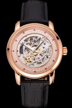 Luxury Piaget Altiplano 40mm Rose Gold Case Skeleton Dial With Diamonds Inlay Dauphine Hands Red Diamonds Scale Watch
