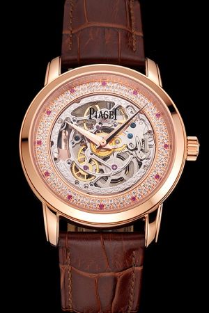 Rep Piaget Altiplano Rose Gold Case/Pointers Skeleton Dial With Diamonds Inlay Red Diamonds Scale Brown Strap Watch