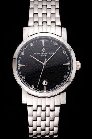 VC Patrimony Polished Stainless Steel Case Black Checked Dial Diamonds/stick/Track Scale Slender Pointers Date Watch