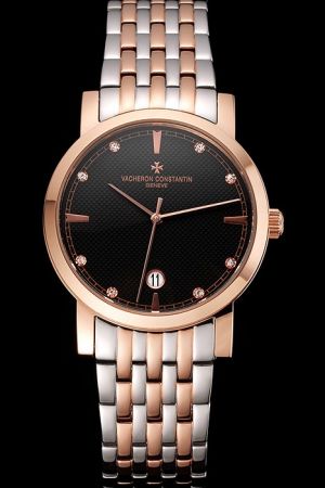 Luxury VC Patrimony Geneve Diamond/Stick/Track Marker Rose Gold Case/Hands Black Checked Face Two-tone Bracelet Watch