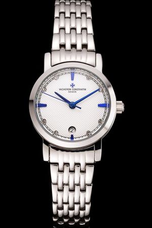 Lady  VC Patrimony 28MM White Checked Dial Dark Blue Hands Diamonds/Stick/Track Marker Stainless Steel Watch