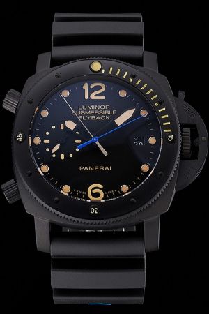 Panerai Luminor Submersible Yellow Dots Hour Markers Coolest Rubber Strap All Black Wrist Watch PN070