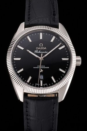Omega Constellation Globemaster Co-Axial Master Chronometer Silver Fluted Bezel Black Pie-pan Dial Luminous Scale/Pointer Black Strap Watch