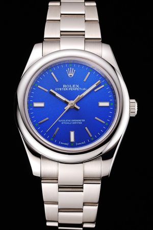 Men’s Rolex Oyster Perpetual Round Case Blue Face Stick Marker/Hand Stainless Steel Bracelet Replica Dress Watch