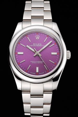 New Rolex Oyster Perpetual Round Bezel Purple Face Stick Scale/Hand Steel Bracelet SS Business Style Unisex Watch
