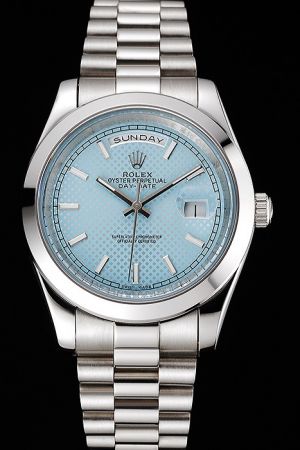 Replica Rolex Day-date Glossy Case Ice Blue Diagonal Motif Dial Steel Bracelet Week Date Male Watch