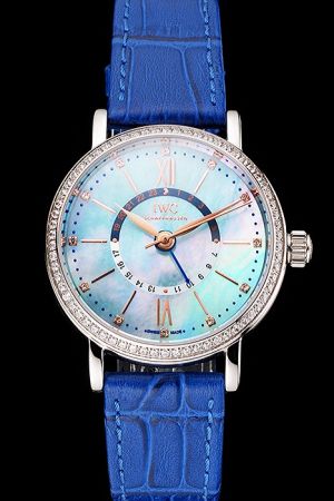IWC Portofino Day And Night Pearl Dial Diamonds Bezel Blue Strap Watch IW459101