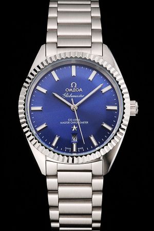 Men Omega Constellation Globemaster Chronometer Silver Fluted Bezel Blue Pie-pan Dial Stick Scale Pencil Hand Stainless Steel Watch